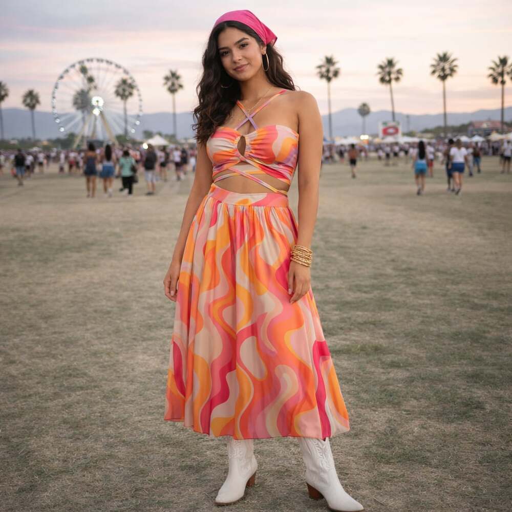 Womens Festival Vacation 2 Piece Set Tie Front Crop Top Maxi Skirt NWT Size L